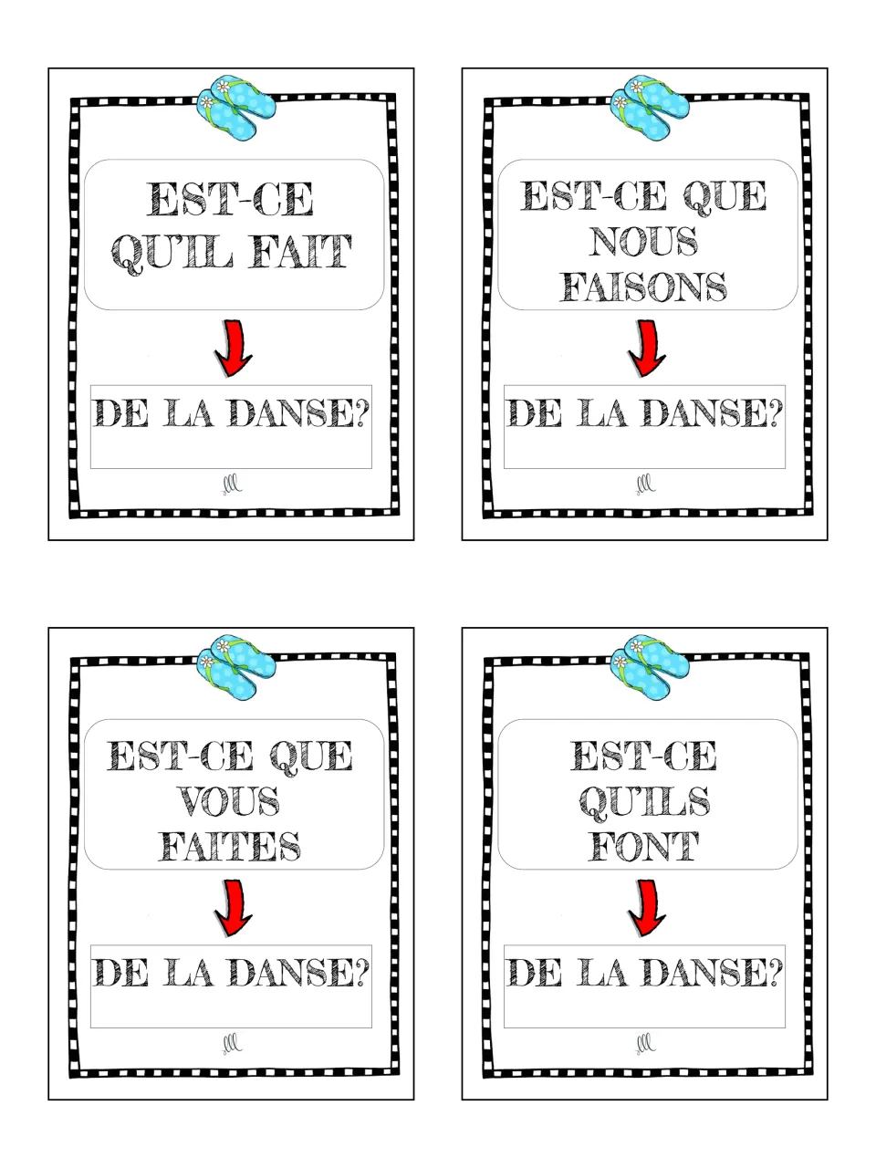 French faire cards 9–12: est-ce que questions about la danse (dance) using il, nous, vous and ils.