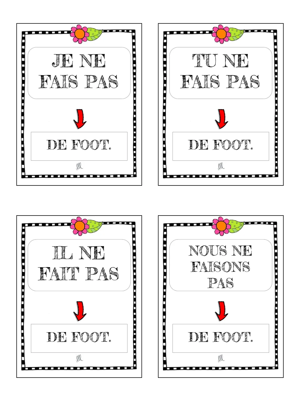 French faire cards 13–16: negative statements using je, tu, il and nous with de foot (soccer).