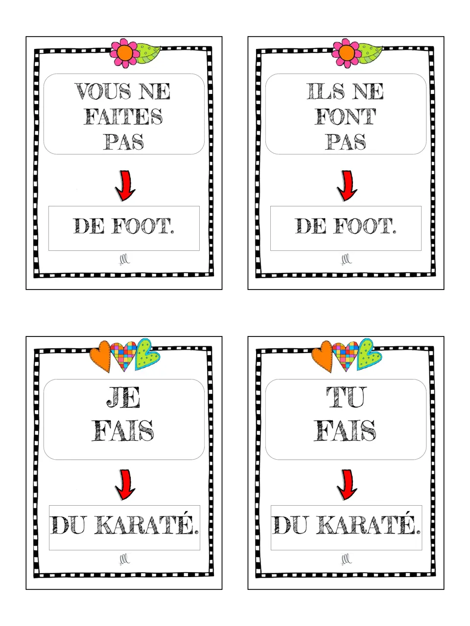 French faire cards 17–20: vous and ils negative soccer statements, then je and tu karate statements.