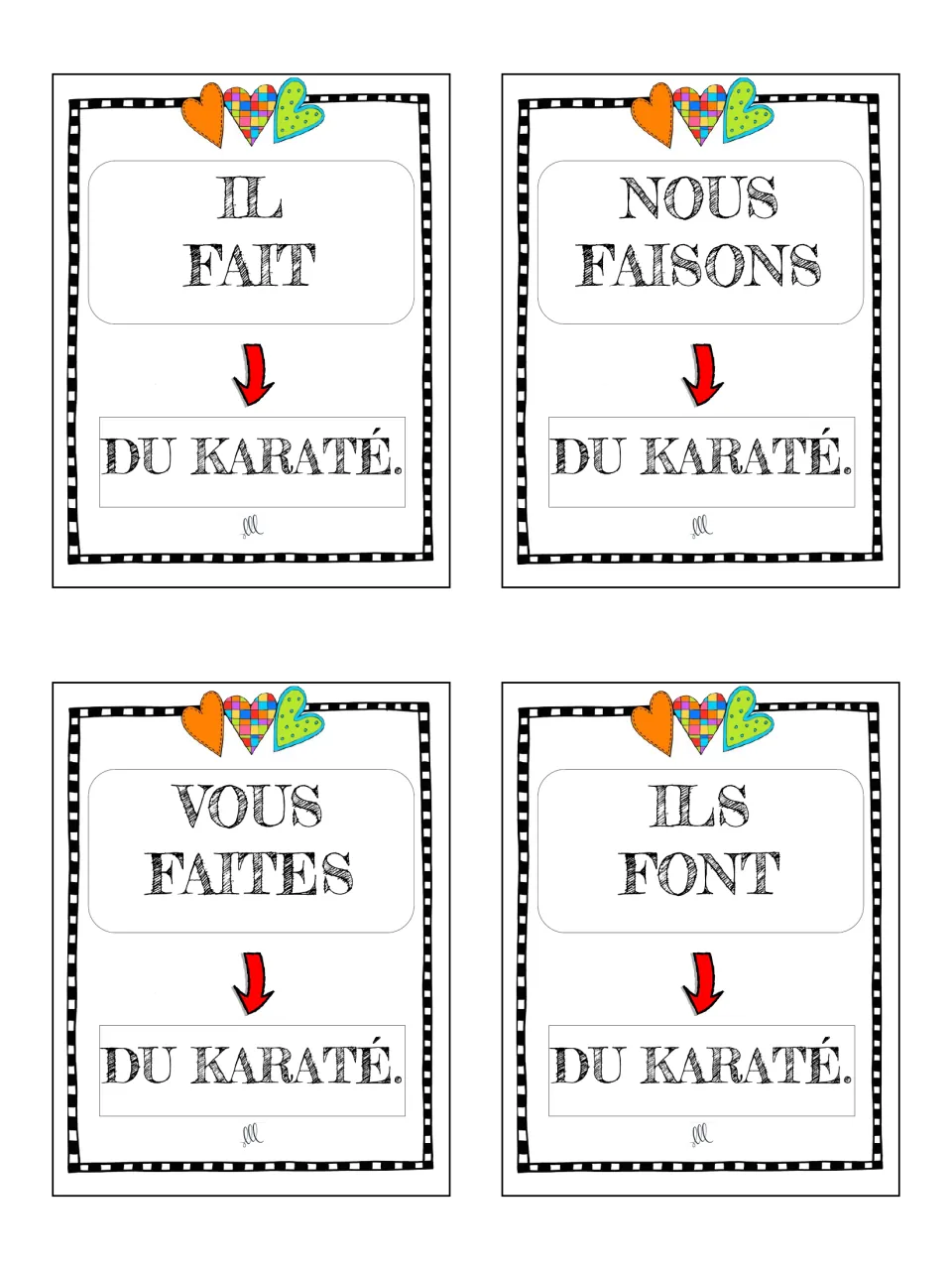 French faire cards 21–24: il fait, nous faisons, vous faites and ils font with du karaté (karate).
