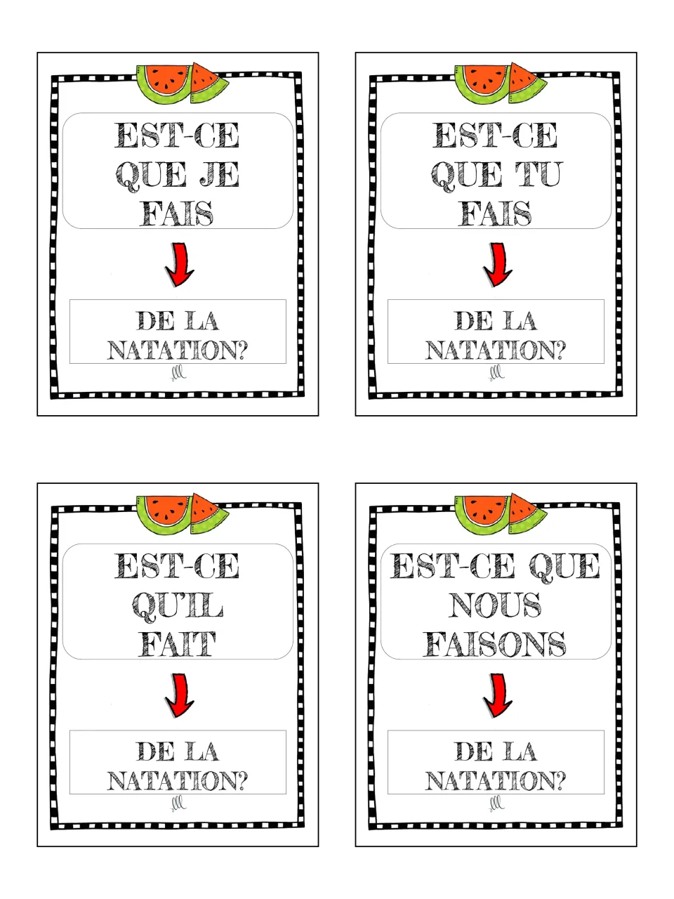 French faire cards 25–28: est-ce que questions about la natation (swimming) using je, tu, il and nous.