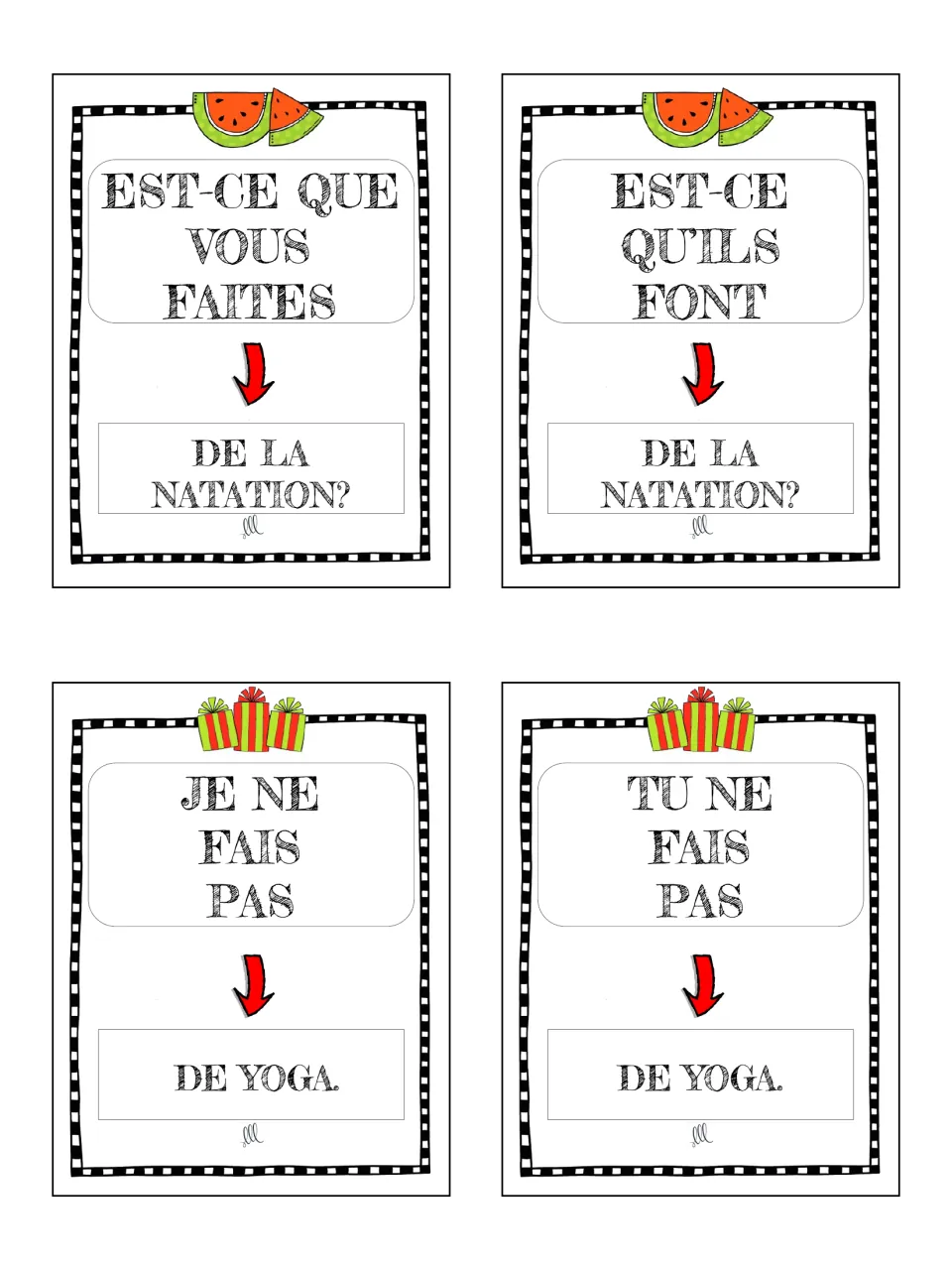 French faire cards 29–32: vous and ils swimming questions, then je and tu negative statements about yoga.