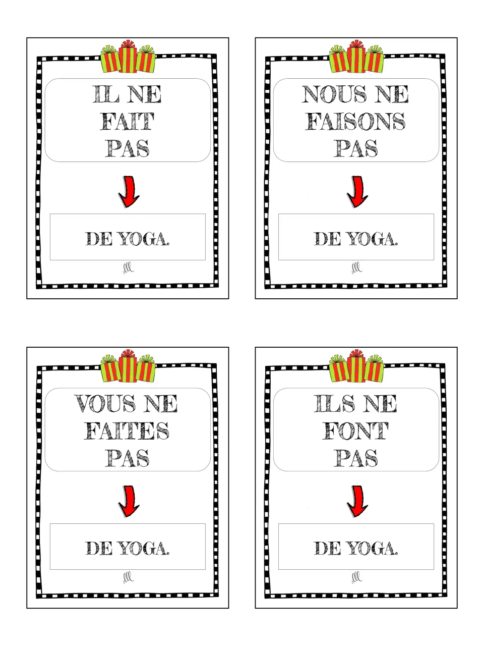 French faire cards 33–36: negative statements using il, nous, vous and ils, each ending with de yoga.