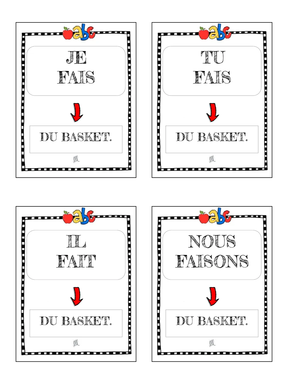 French faire cards 37–40: je fais, tu fais, il fait and nous faisons with du basket (basketball).