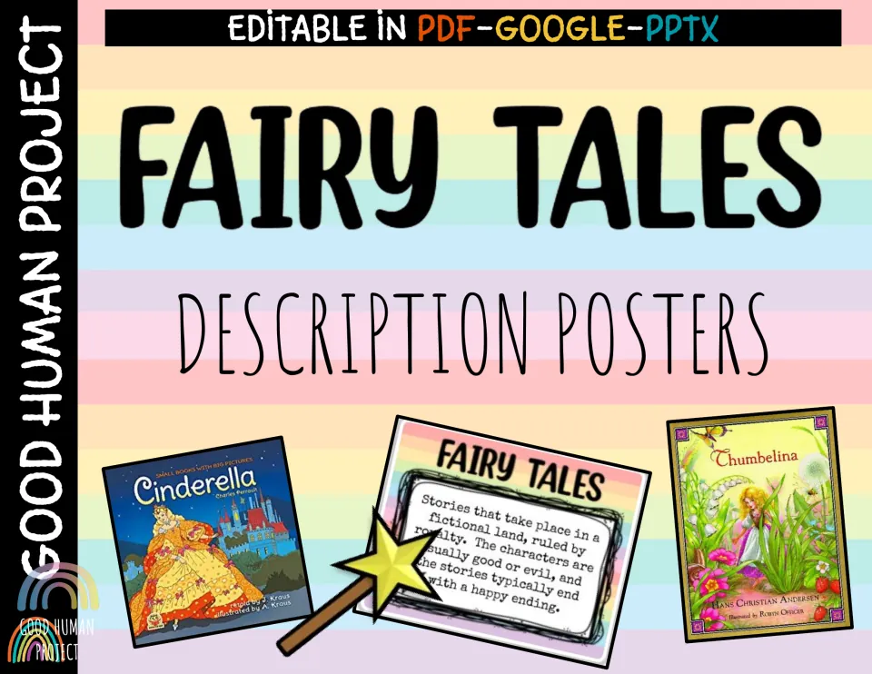 Fairy Tales Description Posters cover showing a definition poster, a magic wand and Cinderella and Thumbelina books