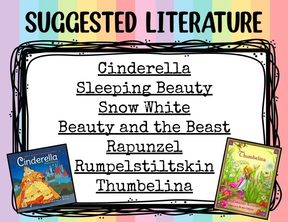 Suggested literature poster listing Cinderella, Sleeping Beauty, Snow White, Rapunzel, Rumpelstiltskin and more
