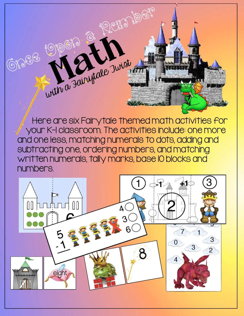 Cover introducing six fairy tale math activities for K–1, including counting, number matching, and arithmetic