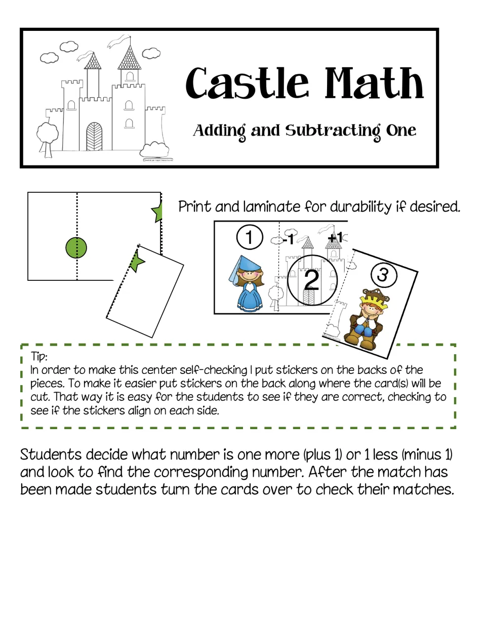Castle Math directions for matching one more and one less, with stickers on the backs for checking answers