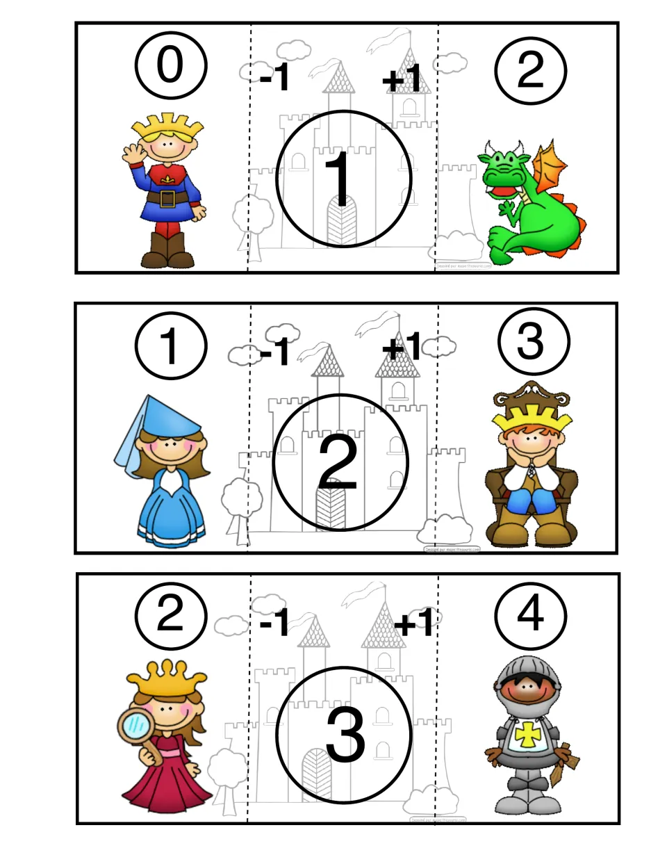 Castle Math puzzles for center numbers 1, 2, and 3, each paired with numbers that are one less and one more