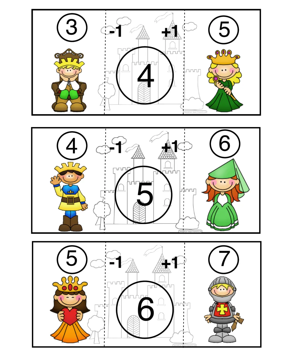 Castle Math puzzles for center numbers 4, 5, and 6, each paired with numbers that are one less and one more
