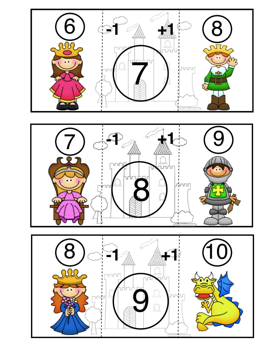 Castle Math puzzles for center numbers 7, 8, and 9, each paired with numbers that are one less and one more