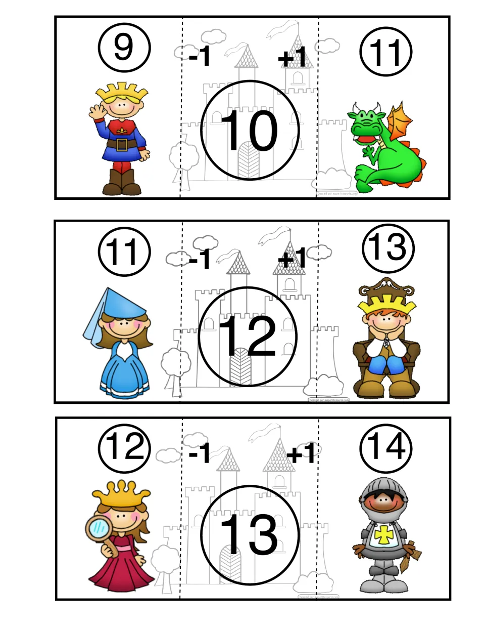 Castle Math puzzles for center numbers 10, 12, and 13, paired with numbers that are one less and one more