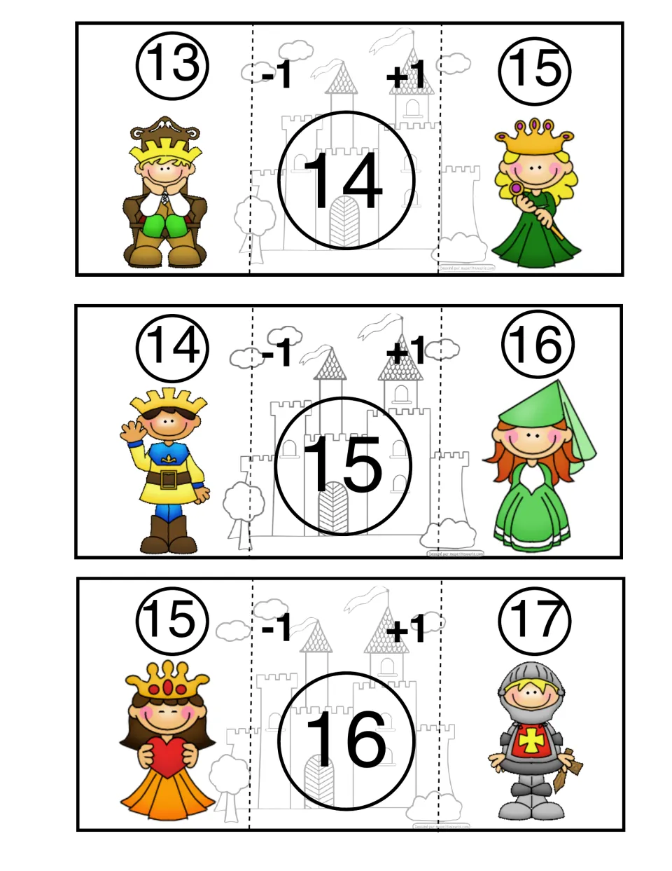 Castle Math puzzles for center numbers 14, 15, and 16, paired with numbers that are one less and one more