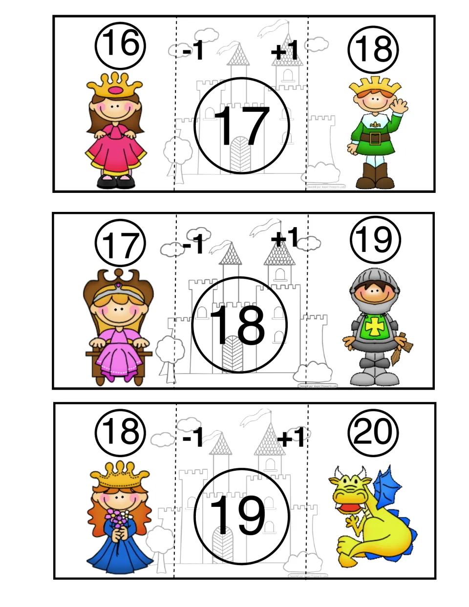 Castle Math puzzles for center numbers 17, 18, and 19, paired with numbers that are one less and one more