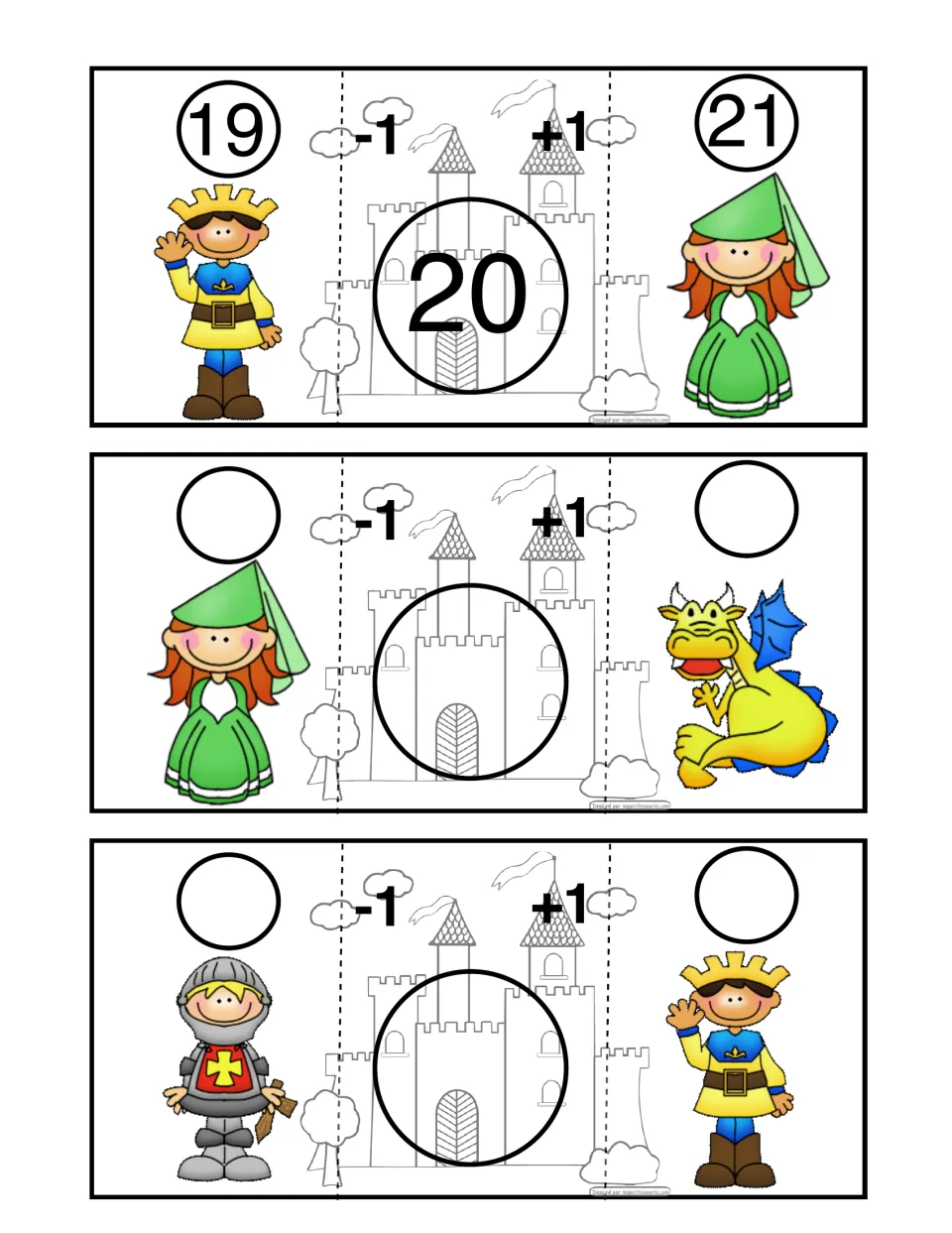 Castle Math puzzle pairing 20 with 19 and 21, plus two blank puzzles retaining the minus-one and plus-one labels