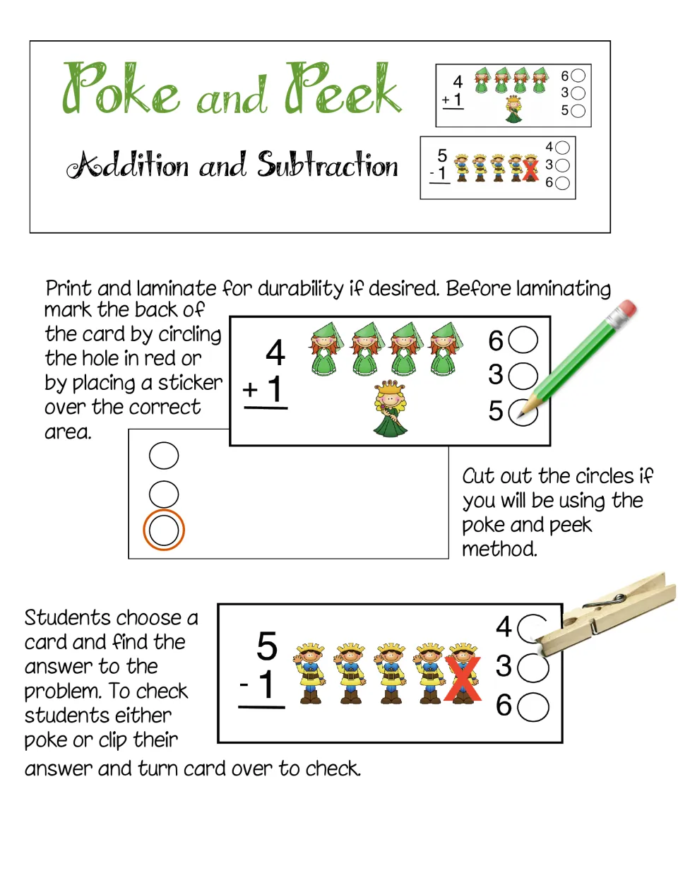 Poke and Peek directions for addition and subtraction cards: mark answers on the back, then poke or clip to check