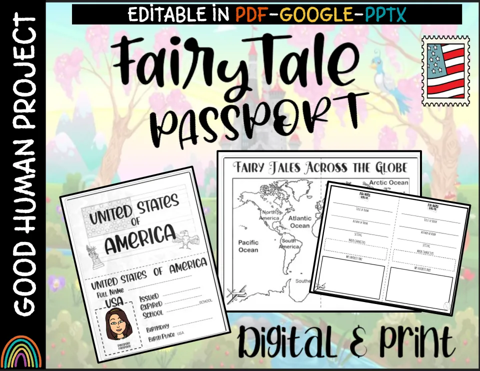 Fairy Tale Passport cover: editable passport booklet with a world map page and a Travel Visas book-report page