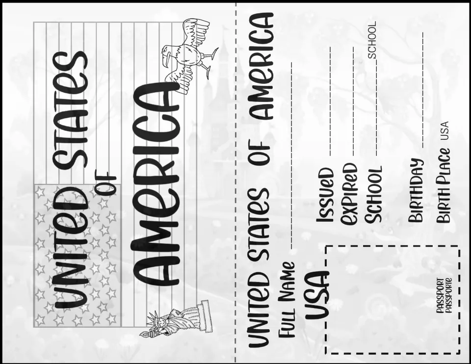 Passport identity page with a U.S. flag and eagle; students fill in name, dates, school, birthday and add a photo