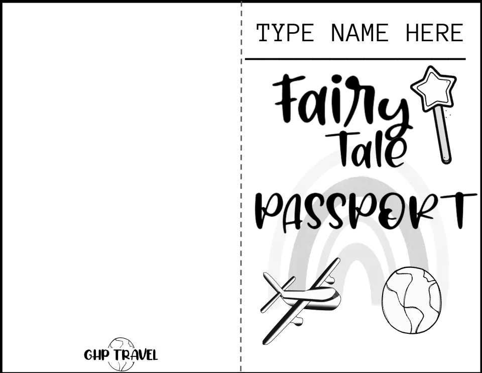Editable passport booklet cover with a TYPE NAME HERE line above the wand, rainbow, airplane and globe artwork