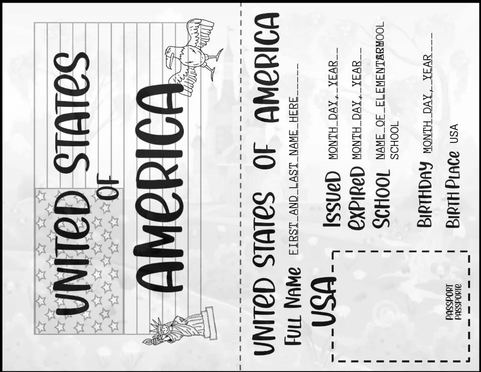 Editable passport identity page with typed prompts for first and last name, issue and expiry dates, school and birthday