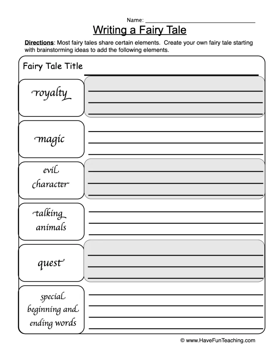 Writing a Fairy Tale: students brainstorm royalty, magic, evil character, talking animals, quest, beginning and ending words