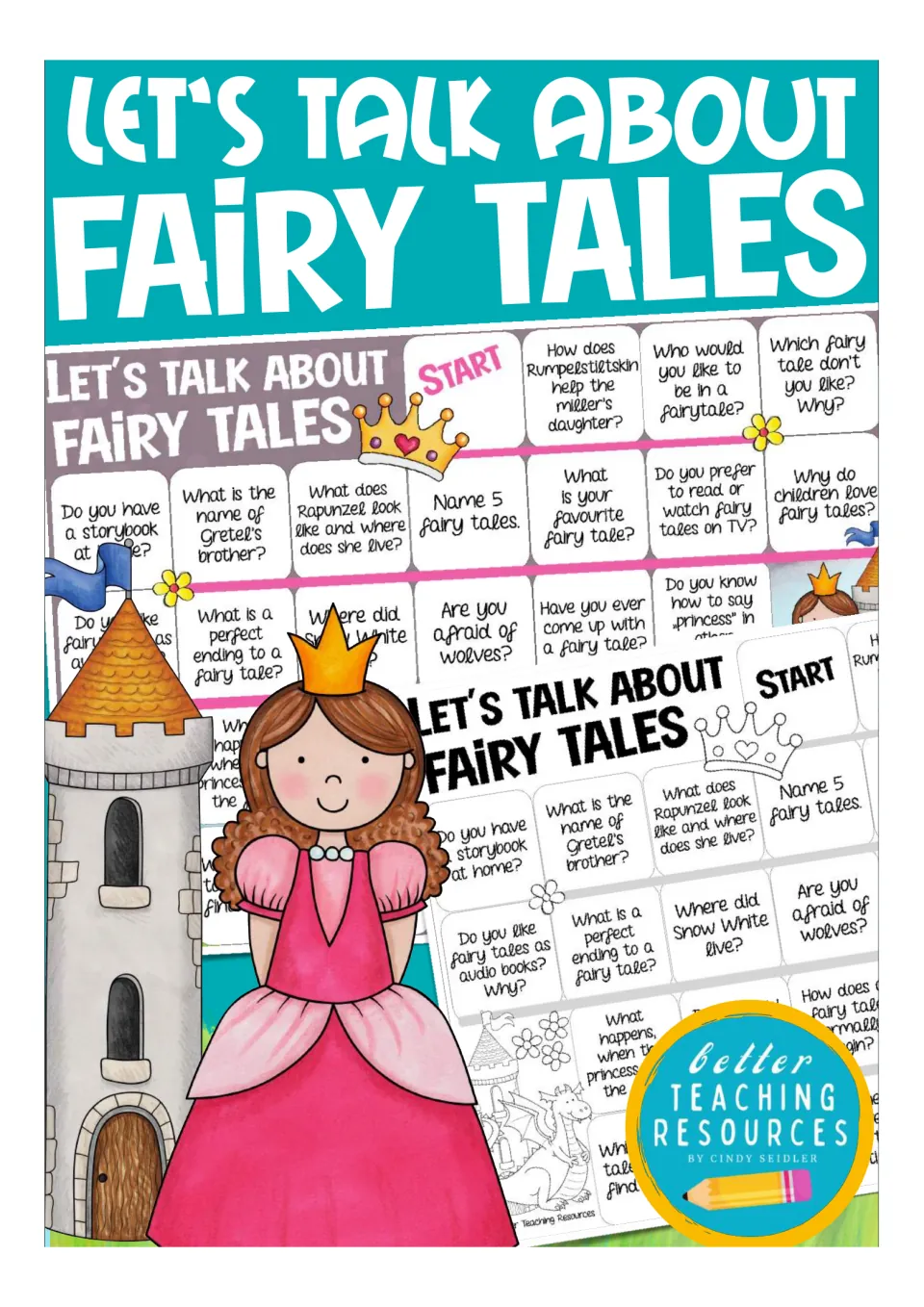 Let's Talk About Fairy Tales cover showing color and black-and-white question board games with a princess and castle