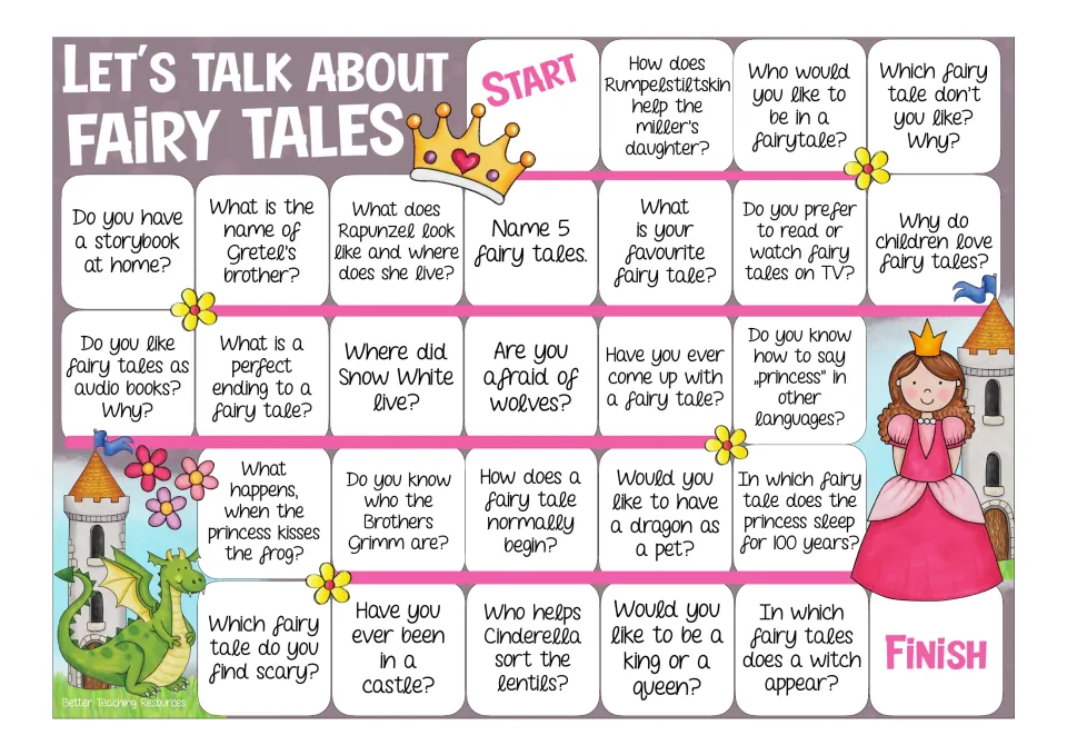 Color fairy tale board game: players move from Start to Finish answering questions on Rapunzel, Snow White and Cinderella