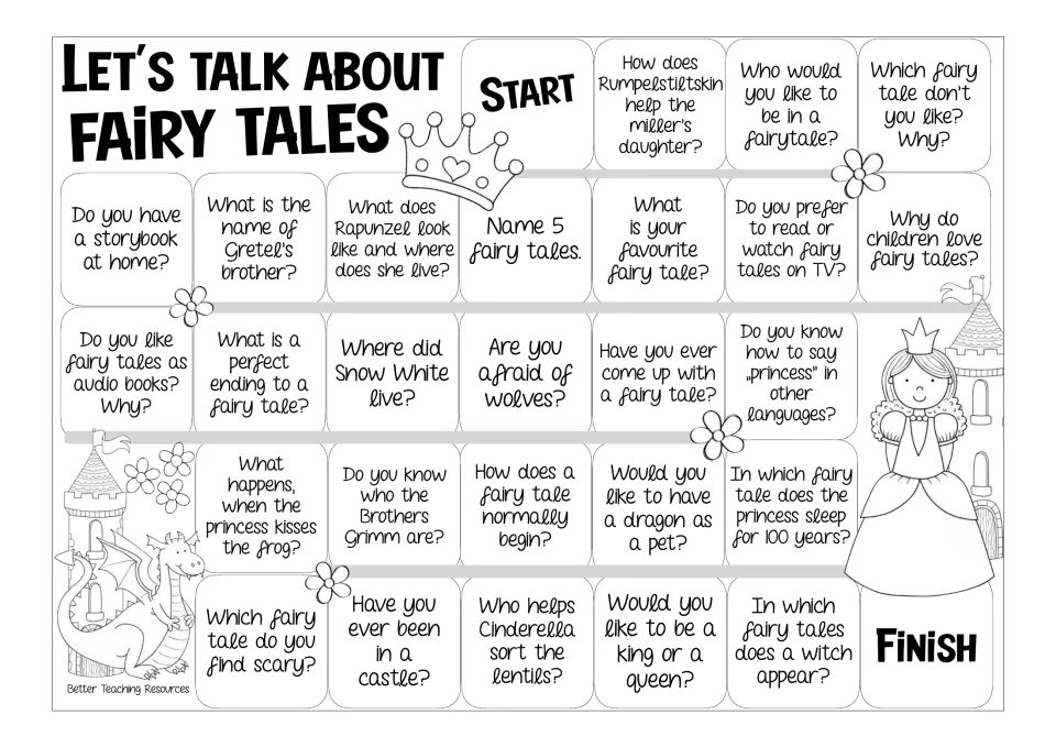 Black-and-white fairy tale board: students discuss questions like who the Brothers Grimm are and how a fairy tale begins