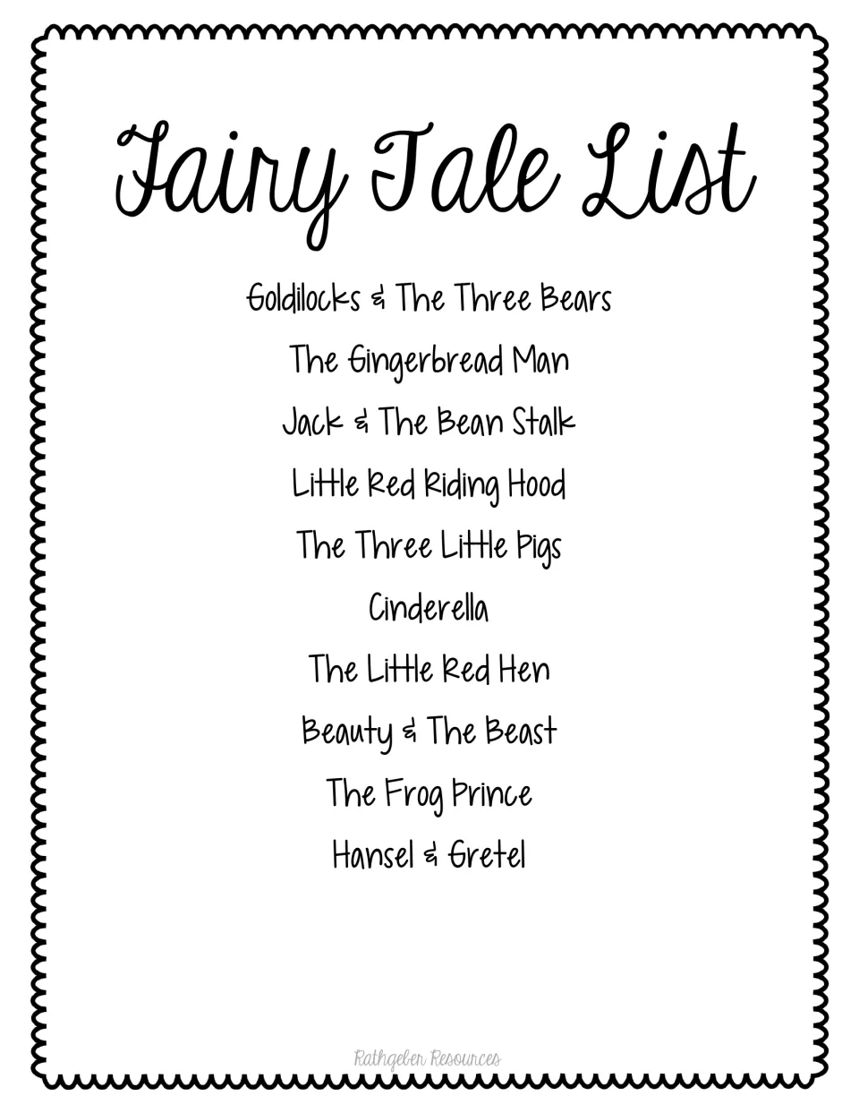Fairy Tale List of ten stories to choose from, including Goldilocks, Cinderella, The Frog Prince and Hansel & Gretel