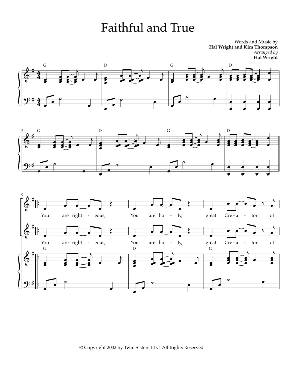 Faithful and True by Hal Wright and Kim Thompson: piano intro in G with chord symbols, then verse 1 opens in bars 9-11