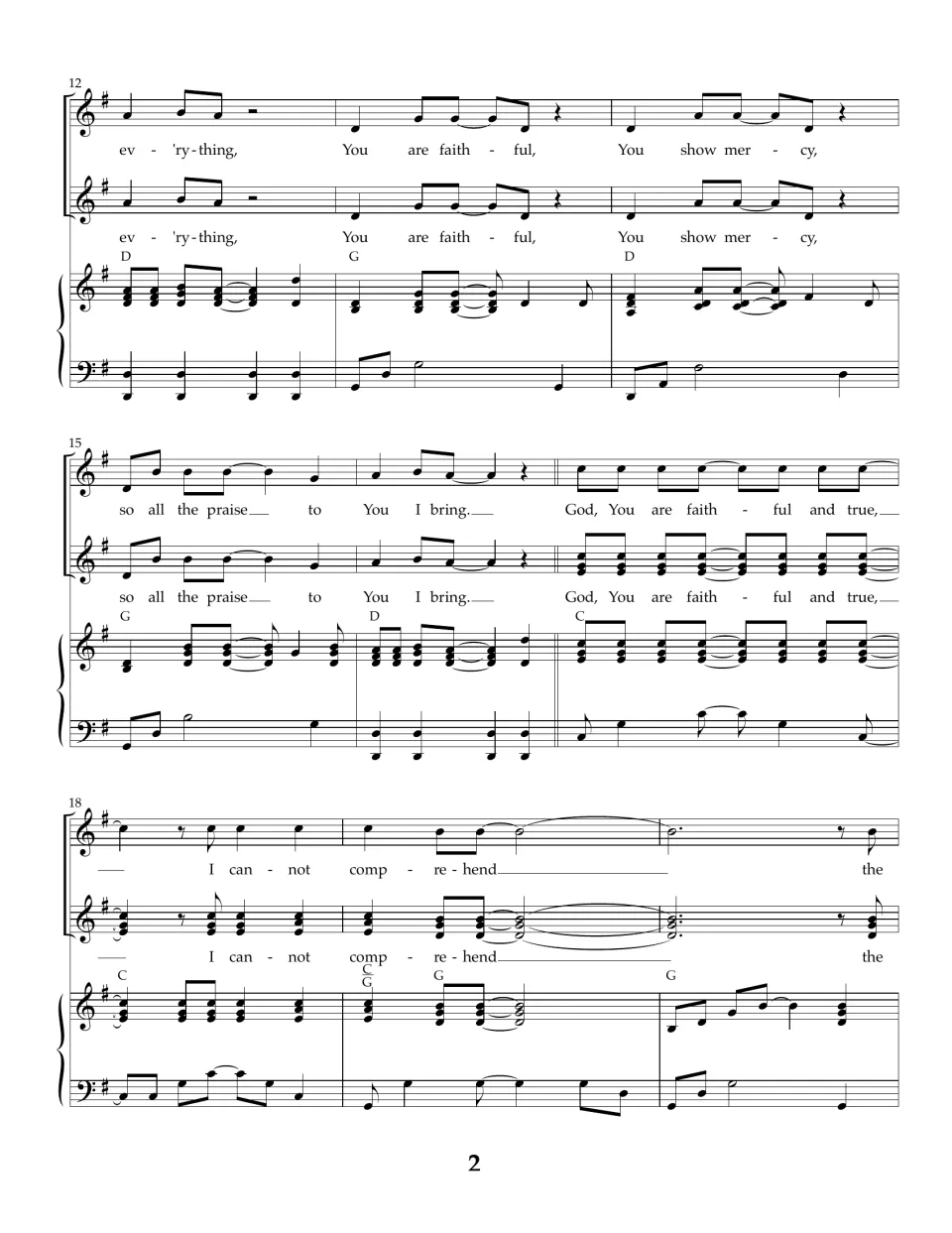 Bars 12-20 of the song: two vocal lines and piano finish the verse, then the chorus begins with 'God, You are faithful'