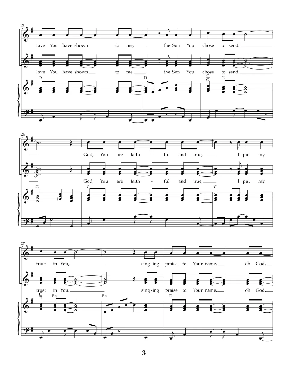 Bars 21-29: 'love You have shown to me, the Son You chose to send' and 'I put my trust in You' with piano chords