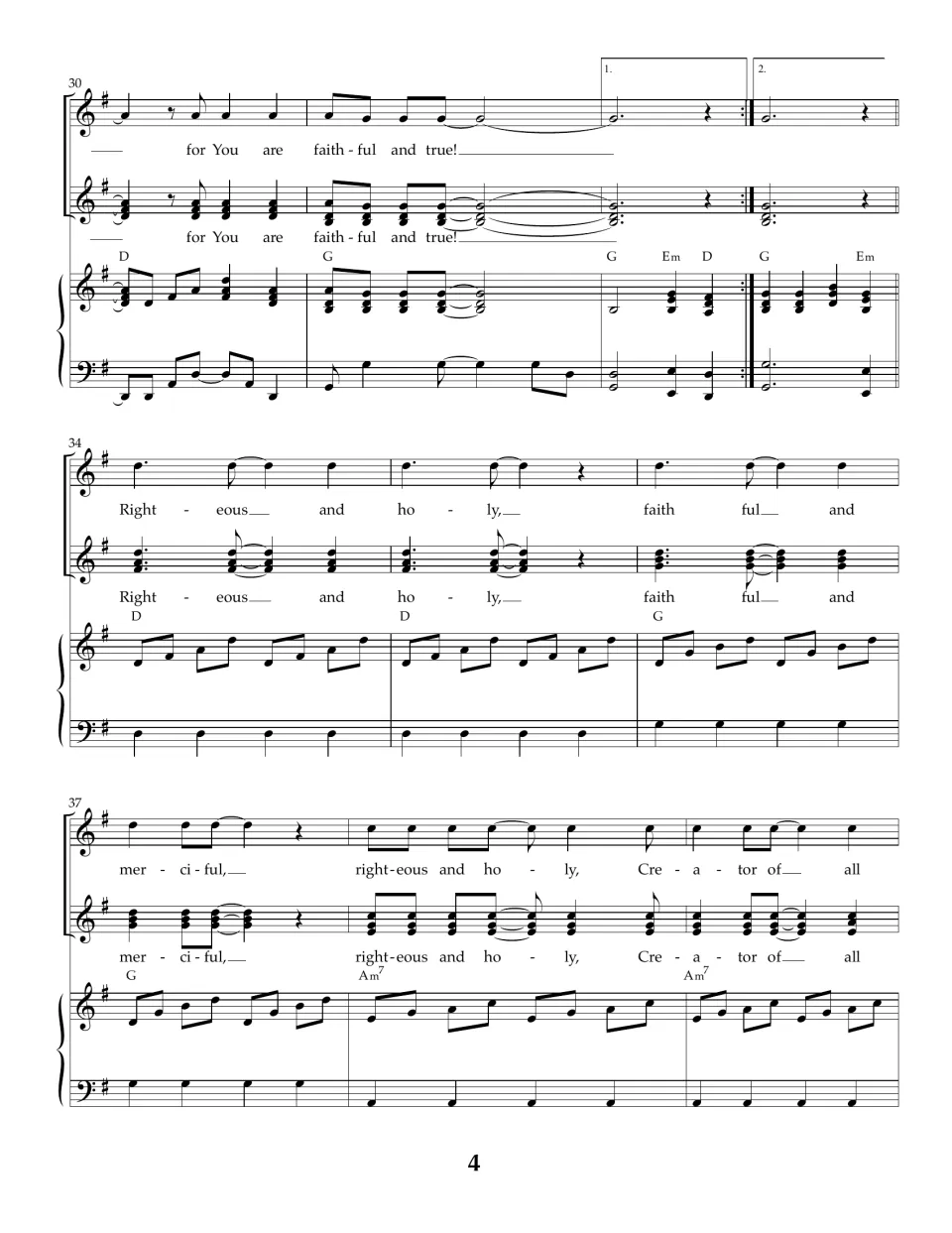 Bars 30-39: first and second endings close the chorus, then a bridge sings 'Righteous and holy, faithful and merciful'