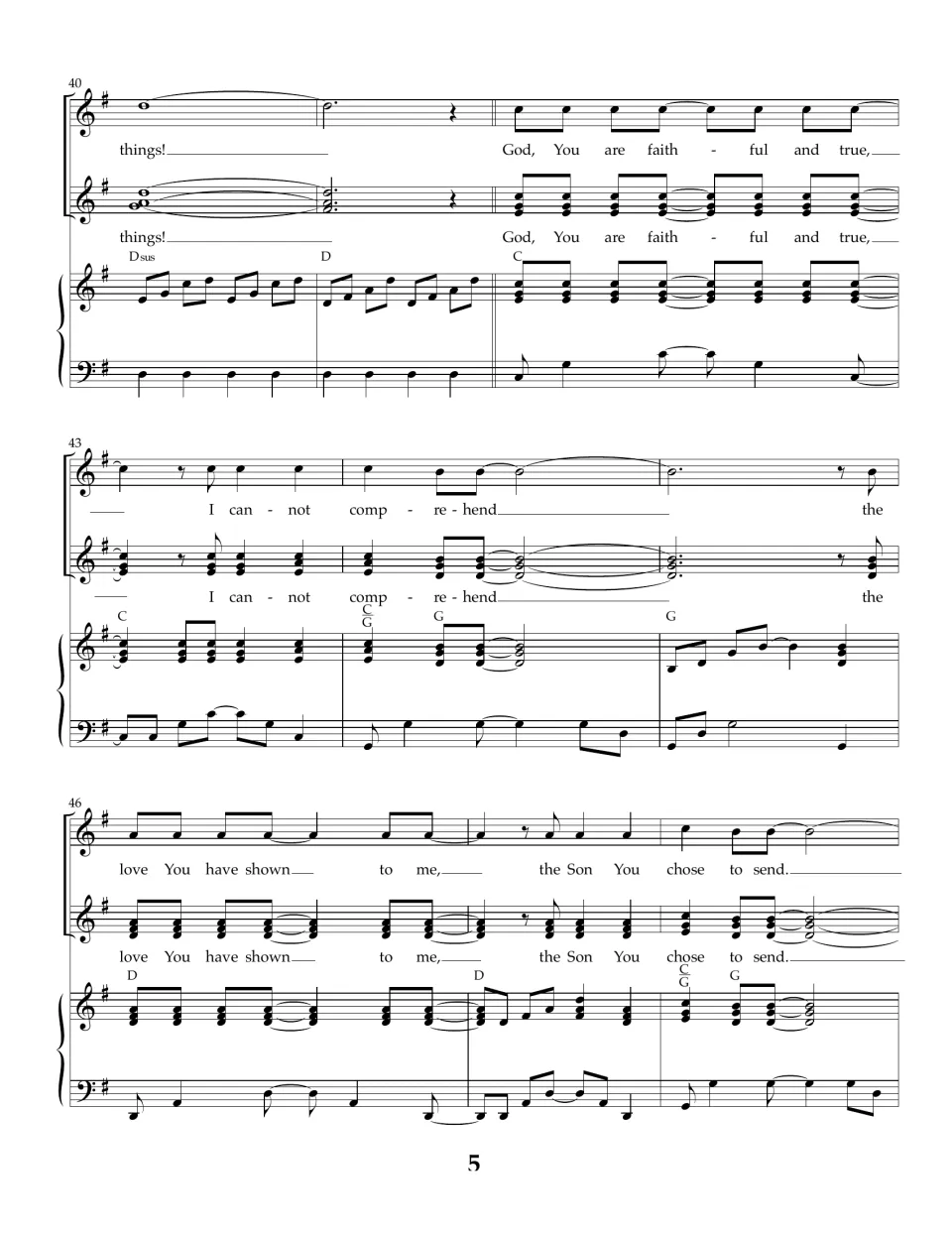 Bars 40-48: the bridge ends on 'things!' over a Dsus chord and the chorus returns with 'I cannot comprehend the love'