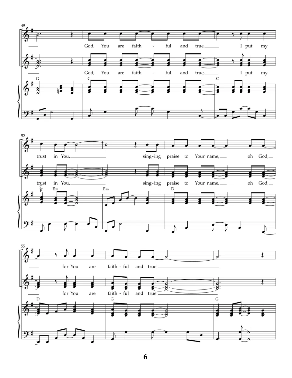 Bars 49-57: the repeated chorus continues through 'I put my trust in You, singing praise' to a long held final note