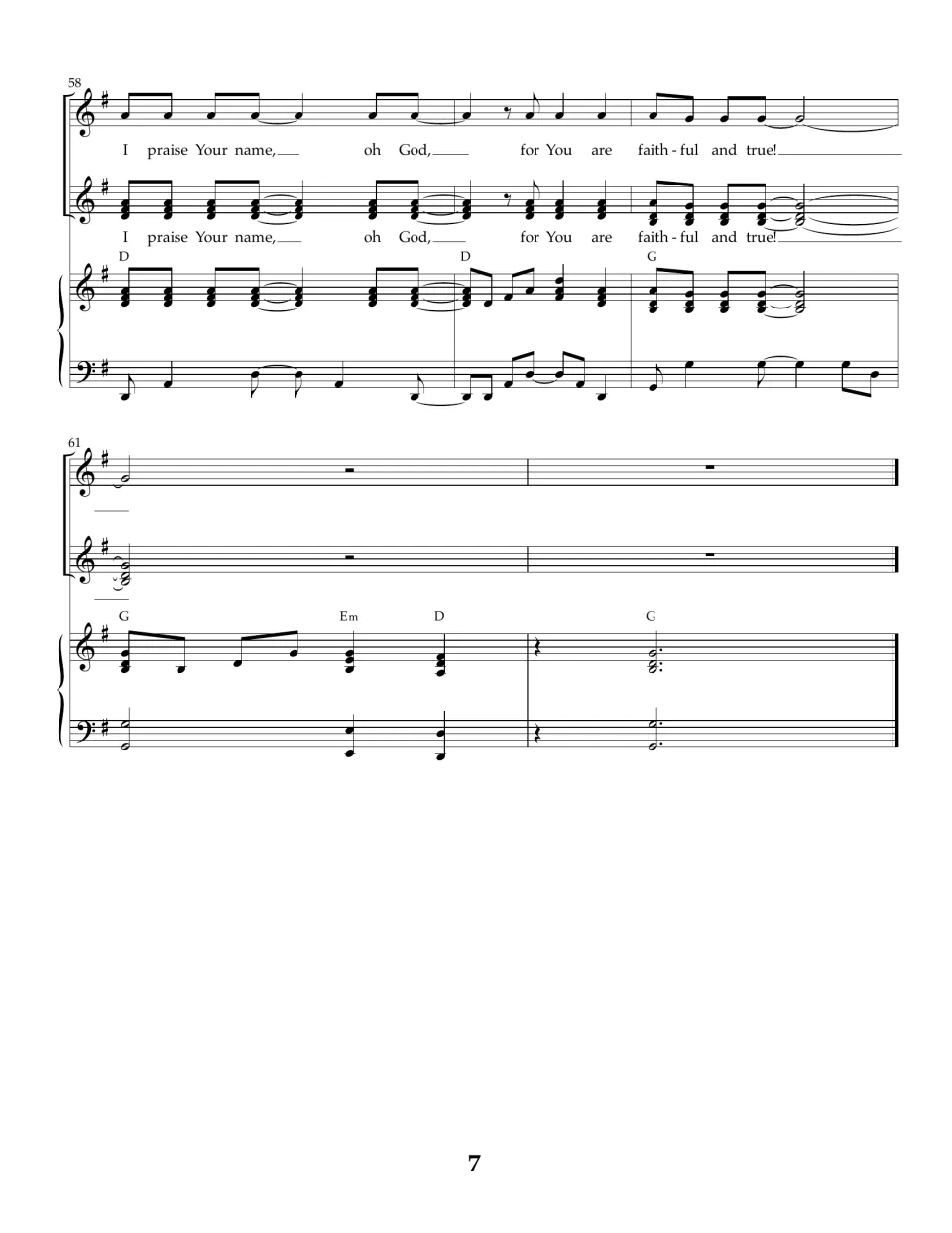 Bars 58-62: closing tag 'I praise Your name, oh God' for both vocal lines, ending on a G chord in the piano