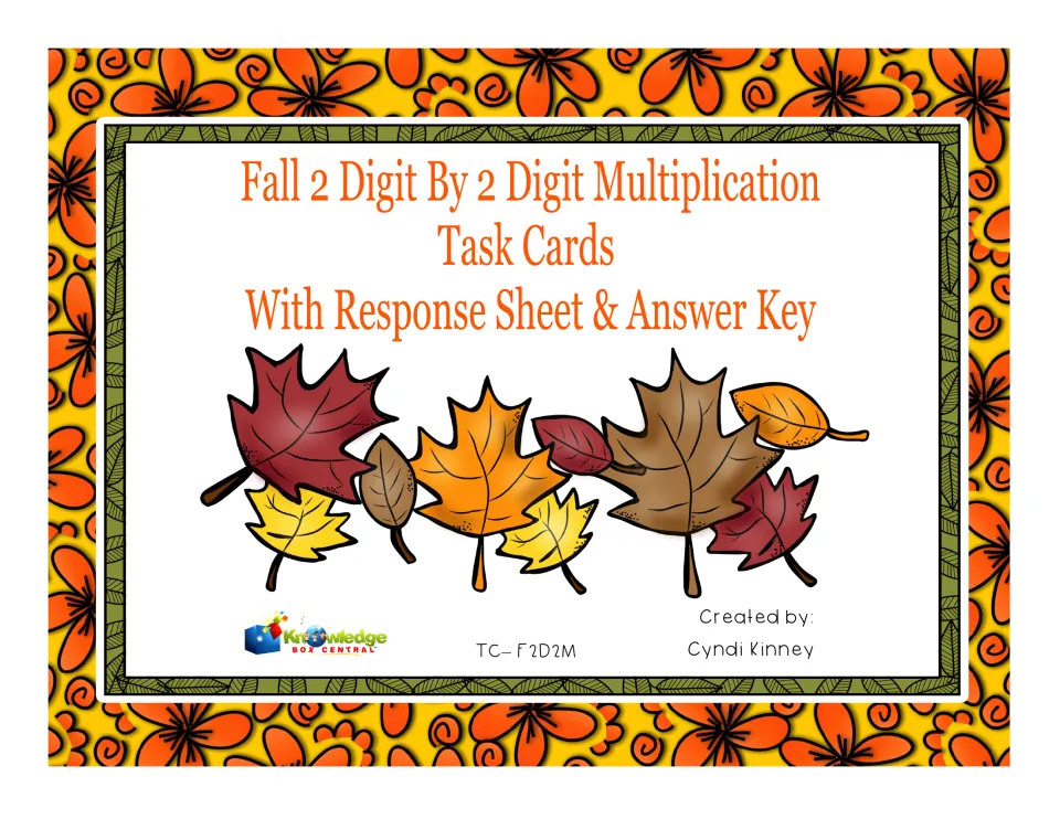 Cover: fall 2-digit by 2-digit multiplication task cards with response sheet and answer key, shown with autumn leaves