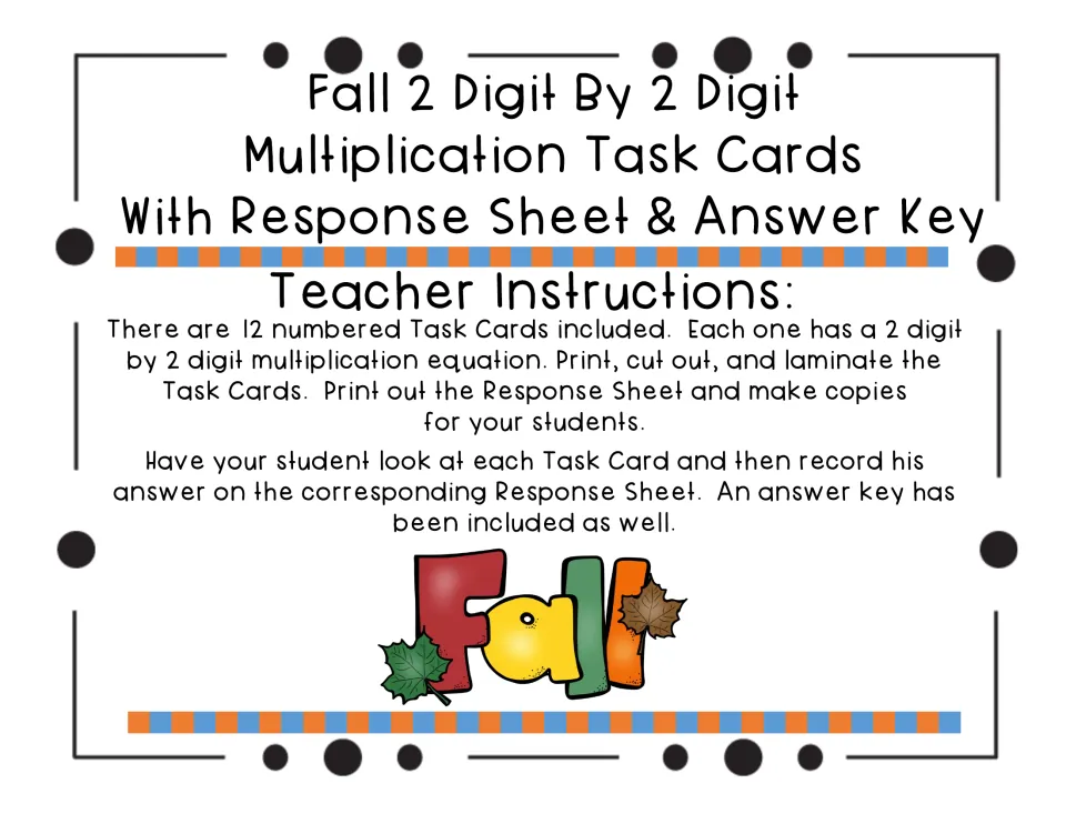 Teacher instructions: print, cut out and laminate 12 multiplication cards, then copy the response sheet for students