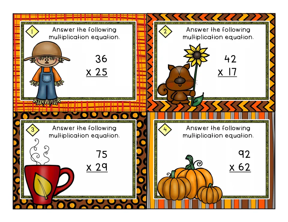 Task cards 1-4: students solve 2-digit by 2-digit problems 36 x 25, 42 x 17, 75 x 29 and 92 x 62 on fall-themed cards