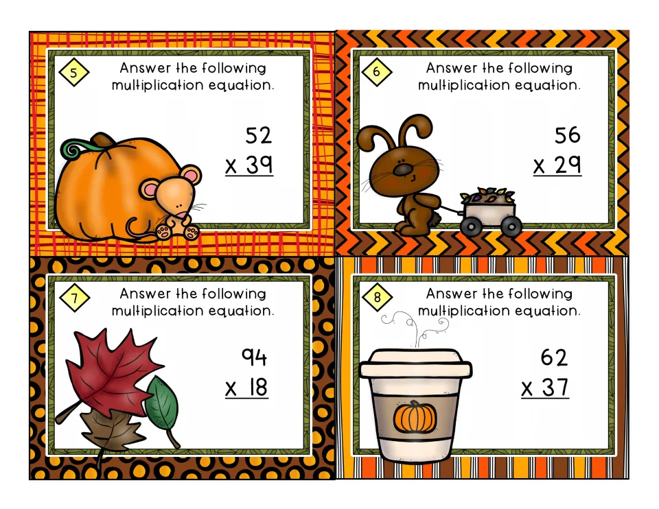 Task cards 5-8: multi-digit multiplication practice with 52 x 39, 56 x 29, 94 x 18 and 62 x 37 beside autumn pictures