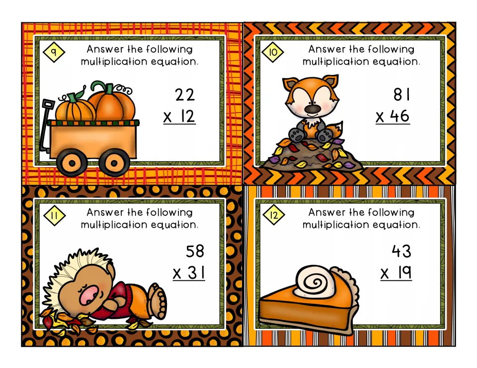 Task cards 9-12: students multiply 22 x 12, 81 x 46, 58 x 31 and 43 x 19, illustrated with a pumpkin wagon, fox and pie