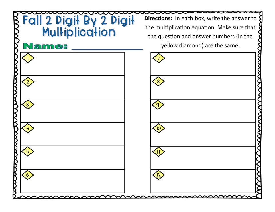 Fall 2 Digit By 2 Digit Multiplication response sheet: students write each product next to its numbered diamond, 1-12