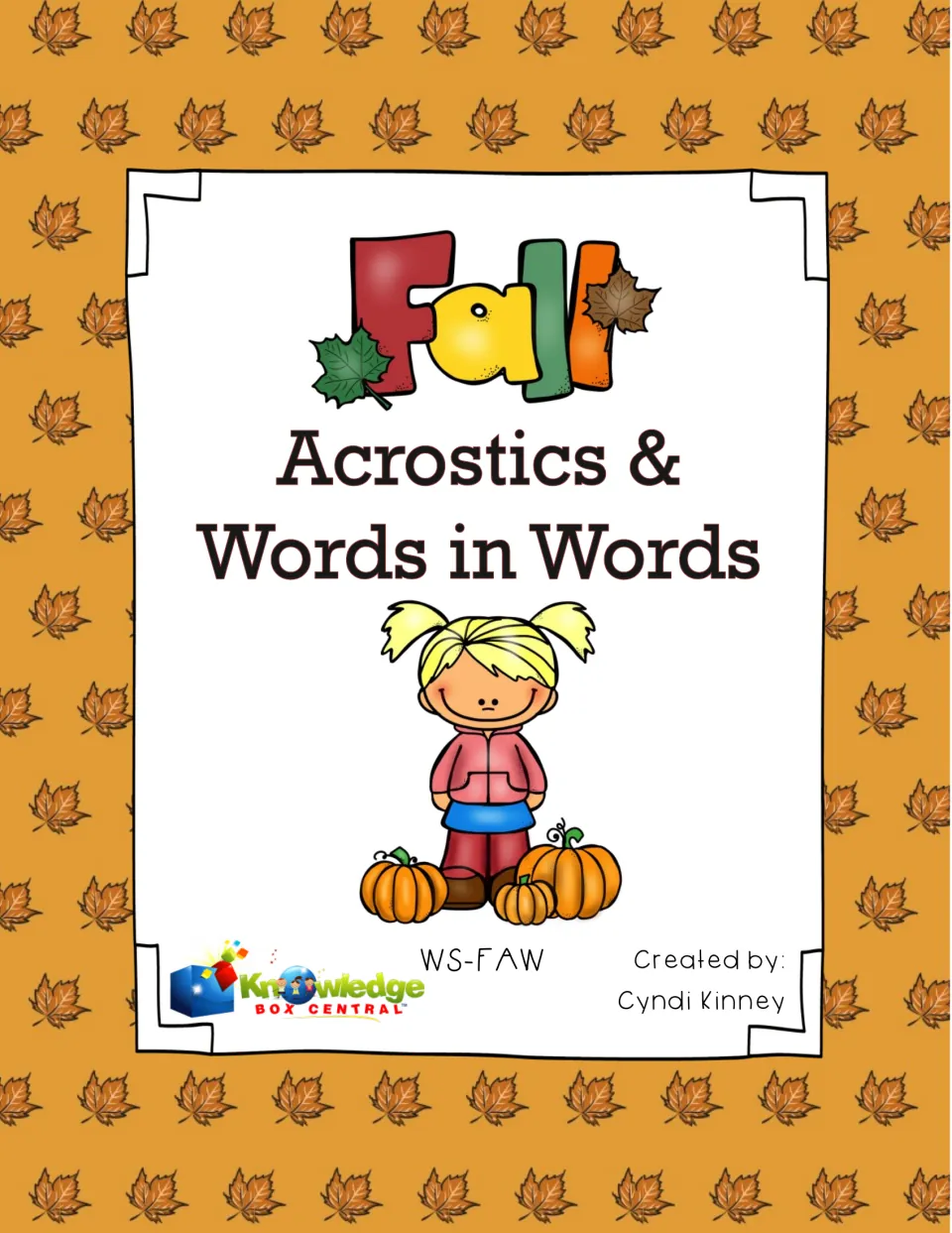 Cover of Fall Acrostics & Words in Words by Cyndi Kinney, showing a girl standing among pumpkins and autumn leaves