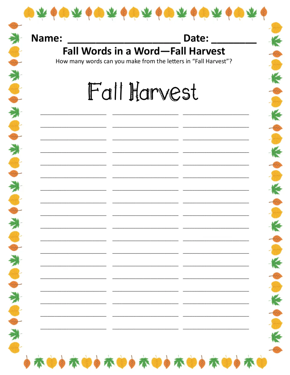 Fall Harvest words in a word, color version: students list as many words as possible from the letters in Fall Harvest