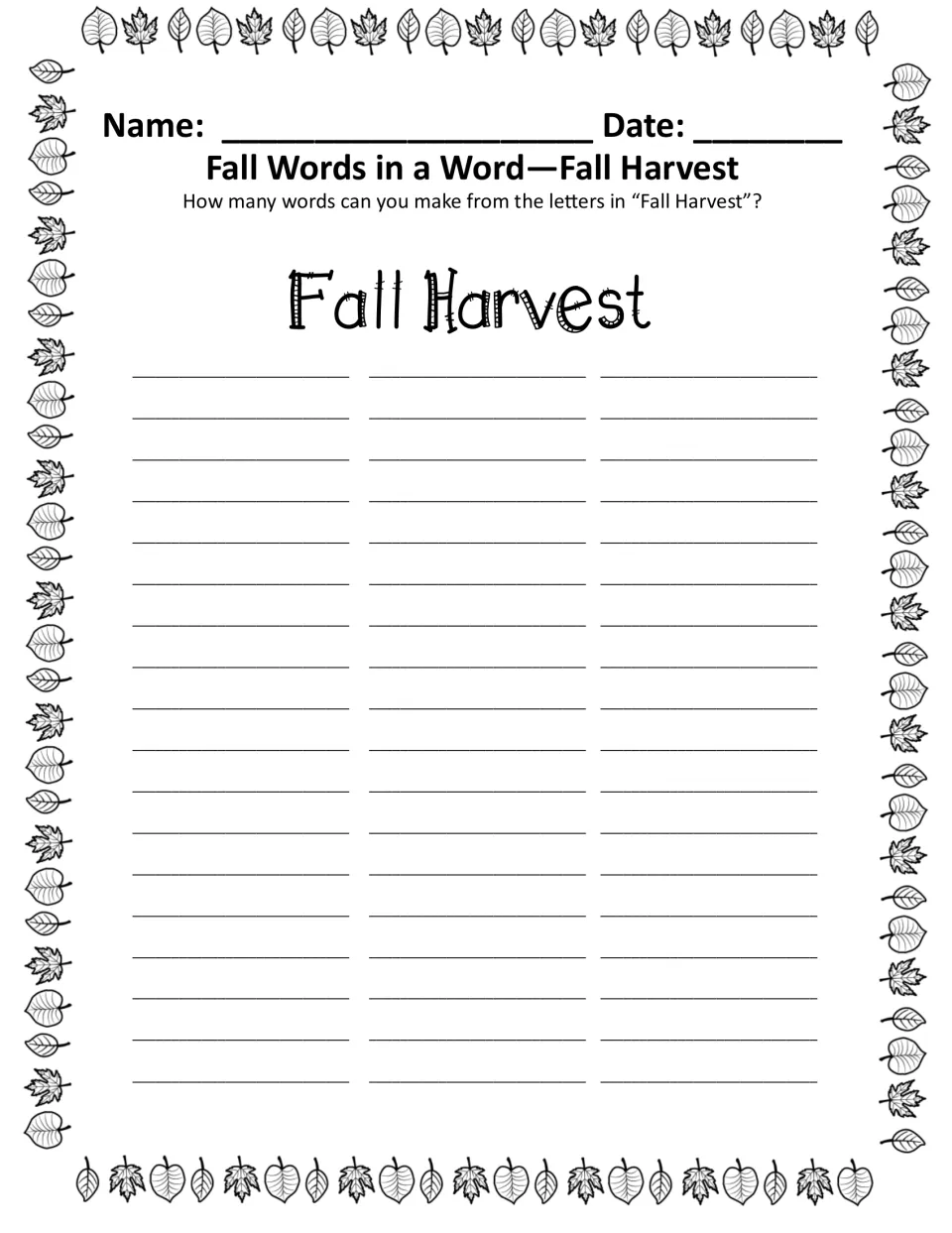Fall Harvest words in a word, black-and-white copy: students build new words using only the letters of Fall Harvest