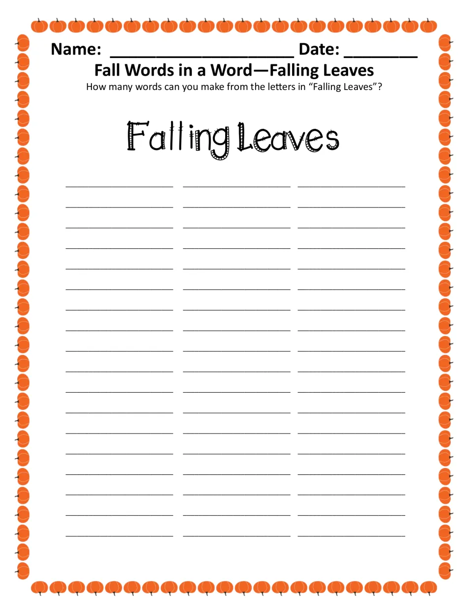 Falling Leaves words in a word, color version: students write all the words they can form from Falling Leaves