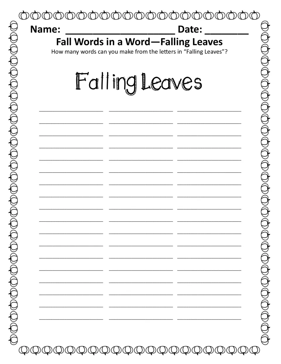 Falling Leaves words in a word, black-and-white copy: students spell new words from the letters of Falling Leaves