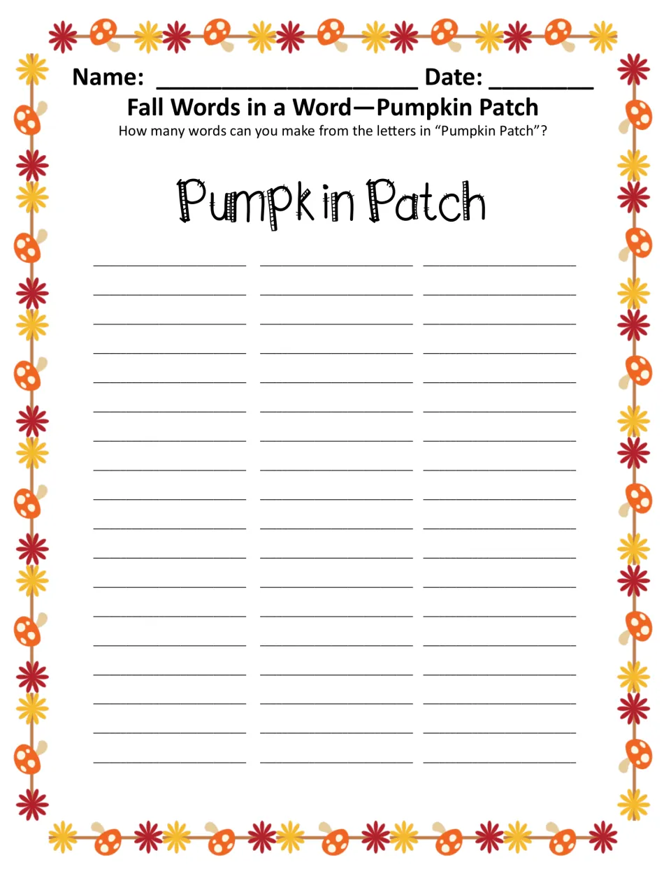 Pumpkin Patch words in a word, color version: students list as many words as they can from the letters in Pumpkin Patch