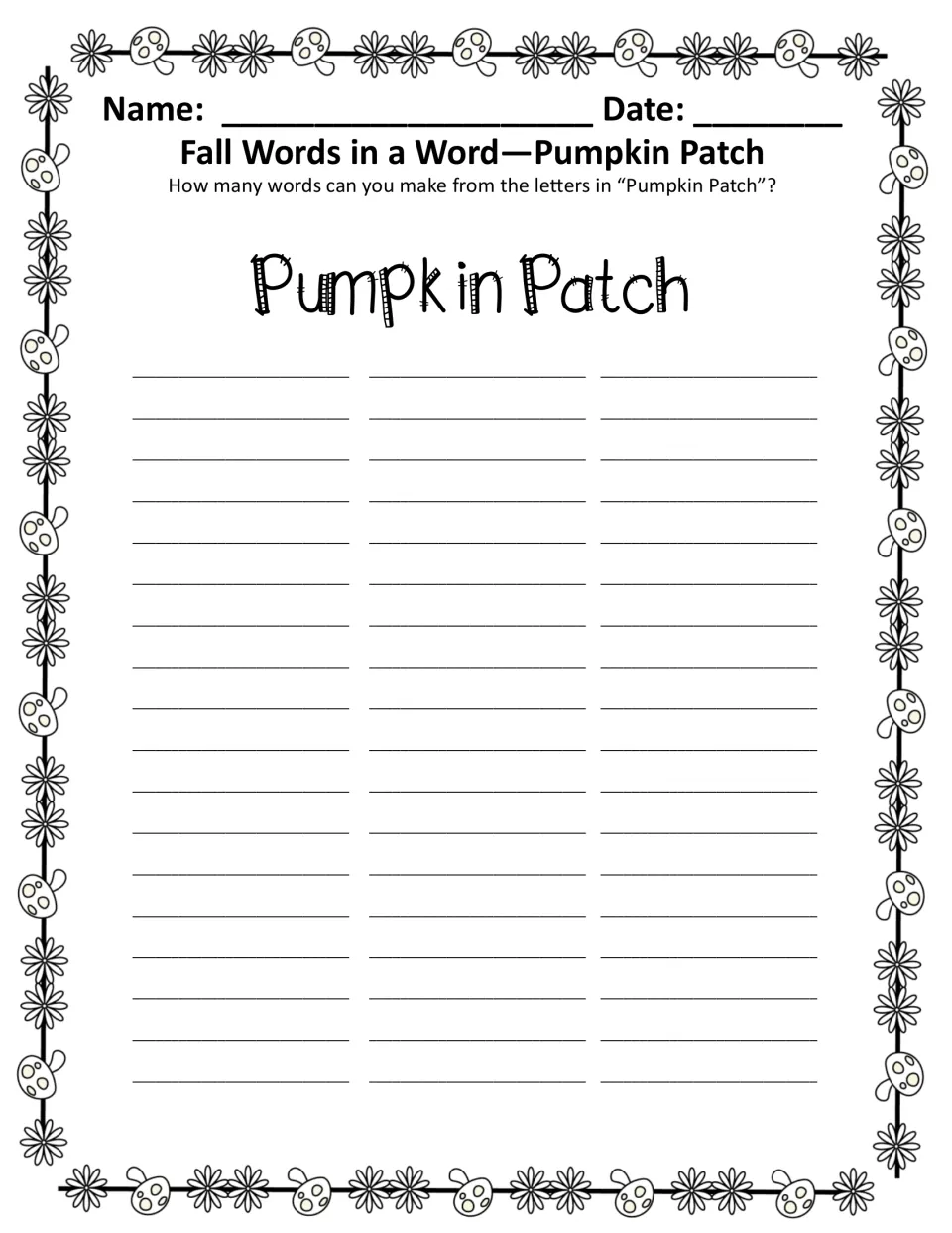 Pumpkin Patch words in a word, black-and-white copy: students find smaller words hidden in the letters of Pumpkin Patch