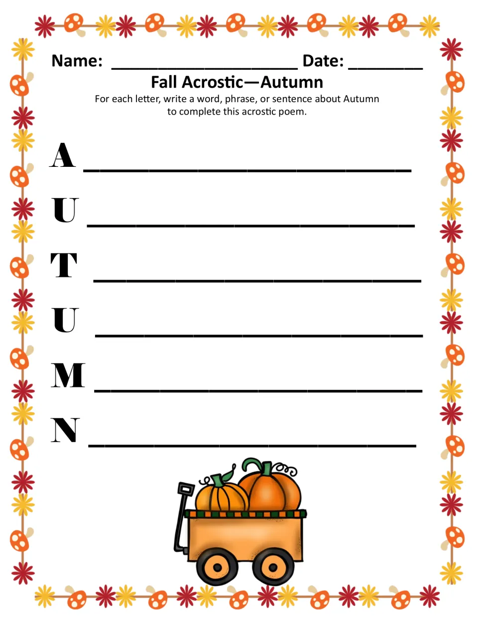 Autumn acrostic poem, color version: students write a word, phrase or sentence about autumn for each letter A-U-T-U-M-N